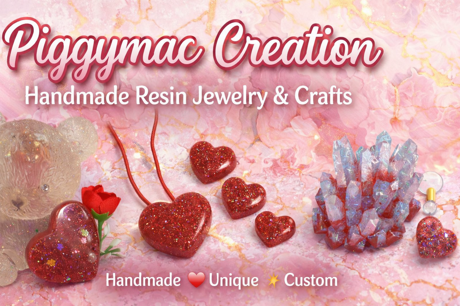 Red glitter love heart pendant and earring set displayed with a teddy bear and crystal decor on a pink background.