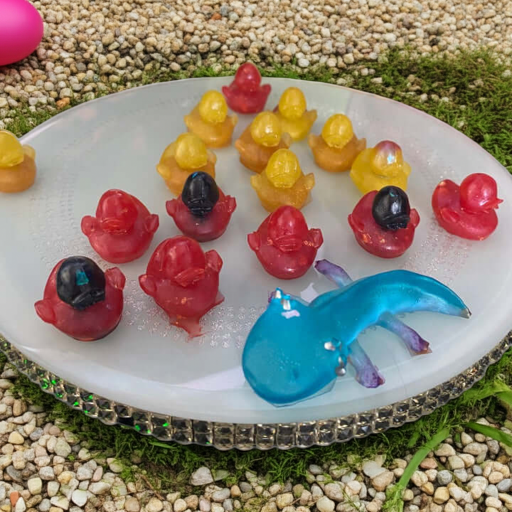 Colorful resin duck toys on a round white stone with a blue axollotal  resin item 