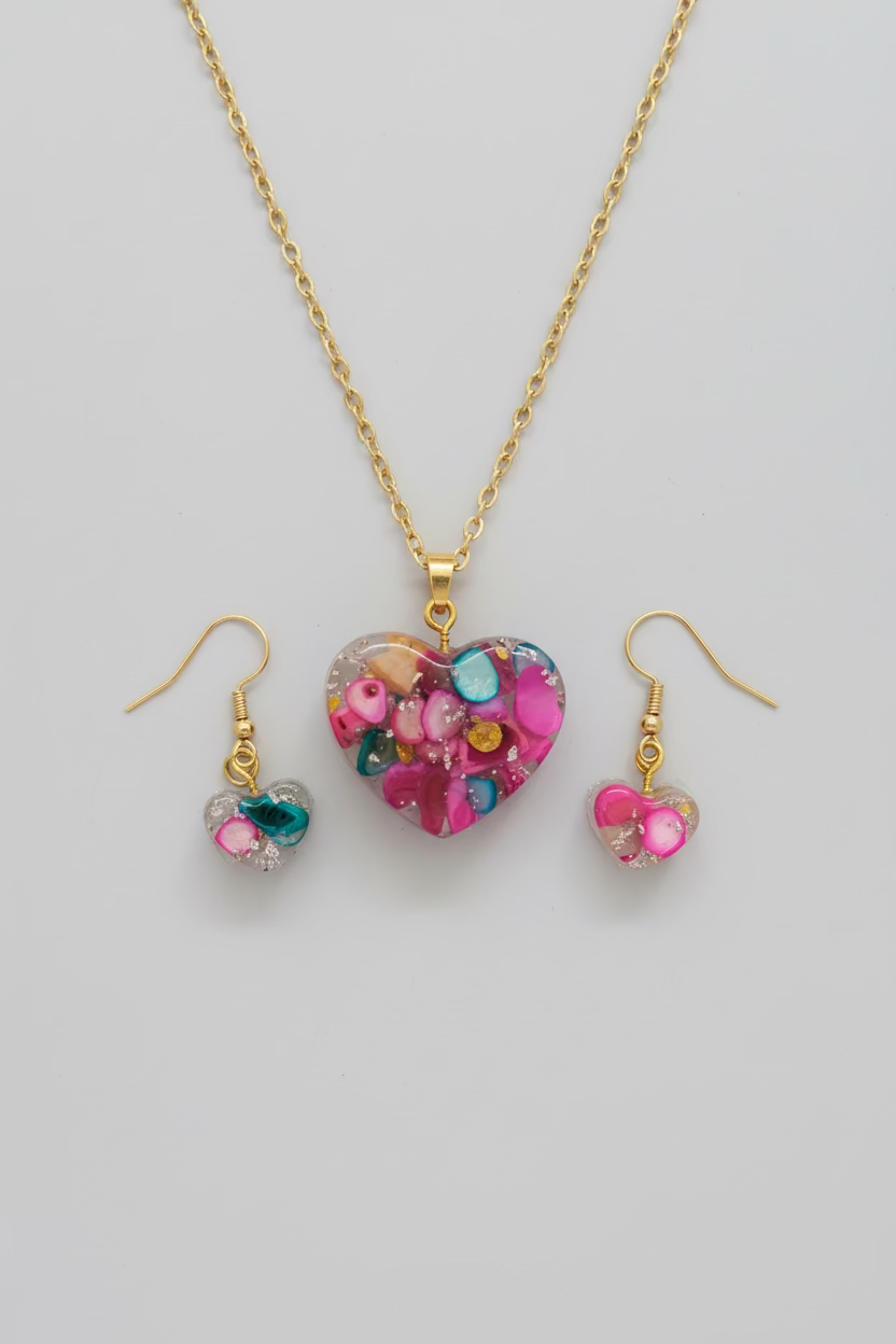 Piggymac Creations Handmade Love Heart Jewelry Sets by Piggymac Creations heart set in pink teal resin with glitter