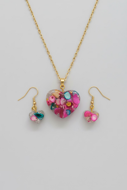 mothers gifts give her the gift she deserves , wants  and needs Piggymac Creations heart pendant necklace set pink teal resin hearts on gold chain