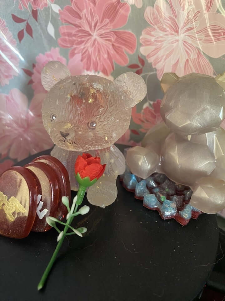 Valentines Bear with heart Piggymac Creations plush teddy bear in glittery tan holding a red rose