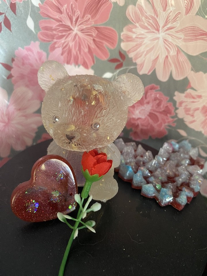 Valentines Bear with heart, sparkly Piggymac Creations teddy bear ornament in gold glitter holding a red rose