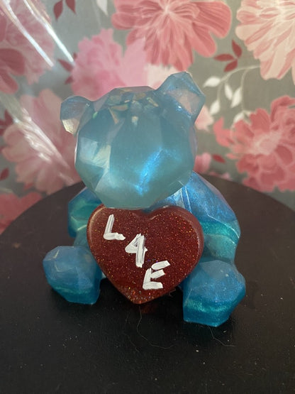 Valentines Bear with heart by Piggymac Creations blue glitter bear with red heart marked 14, on dark surface