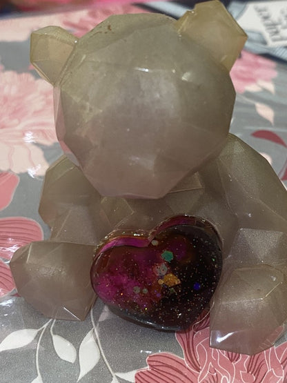 Valentines Bear with heart by Piggymac Creations glossy beige bear with purple glitter heart.
