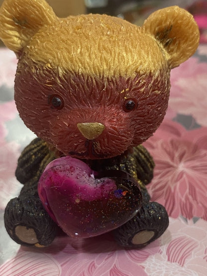 Valentines Bear with heart by Piggymac Creations teddy bear figurine in golden and burgundy holding a purple heart