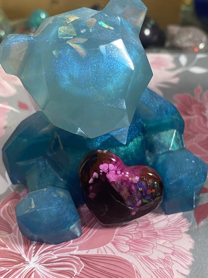 Valentines Bear with heart glittered blue Piggymac Creations bear with purple heart detail, faceted look