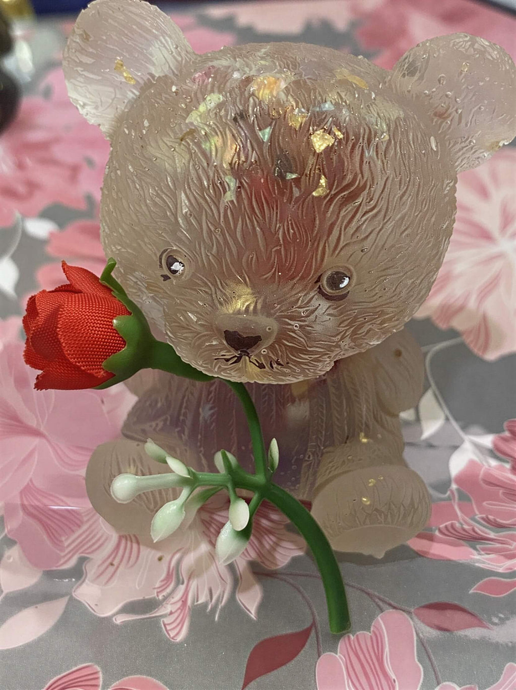 Valentines Bear with heart by Piggymac Creations plush bear tan with gold flecks holding a red rose