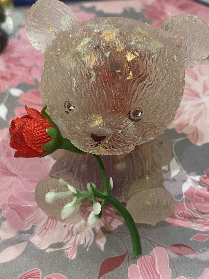 Valentines Bear with heart by Piggymac Creations plush bear tan with gold flecks holding a red rose